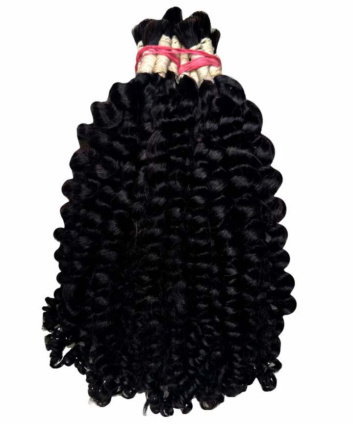 Cabelo humano cacheado tipo 2 de 65 cm, preto, amarrado em uma ponta