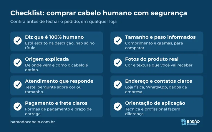 Checklist para comprar cabelo humano com segurança, com oito itens para conferir