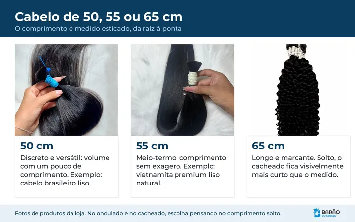 Comparativo de cabelos de 50, 55 e 65 cm da loja