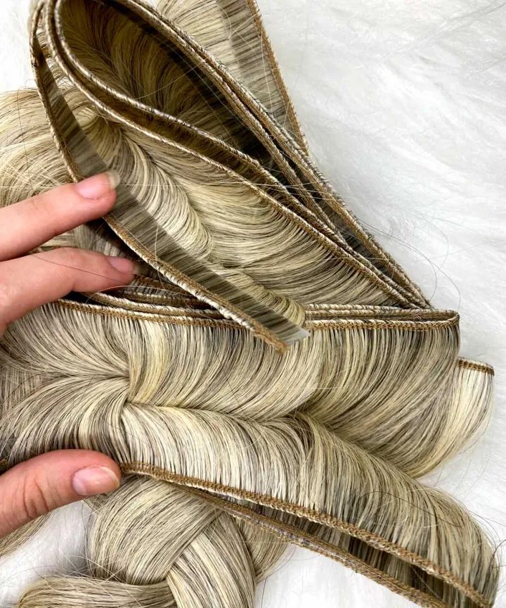 Mãos segurando mega hair vietnamita loiro mesclado em fita adesiva