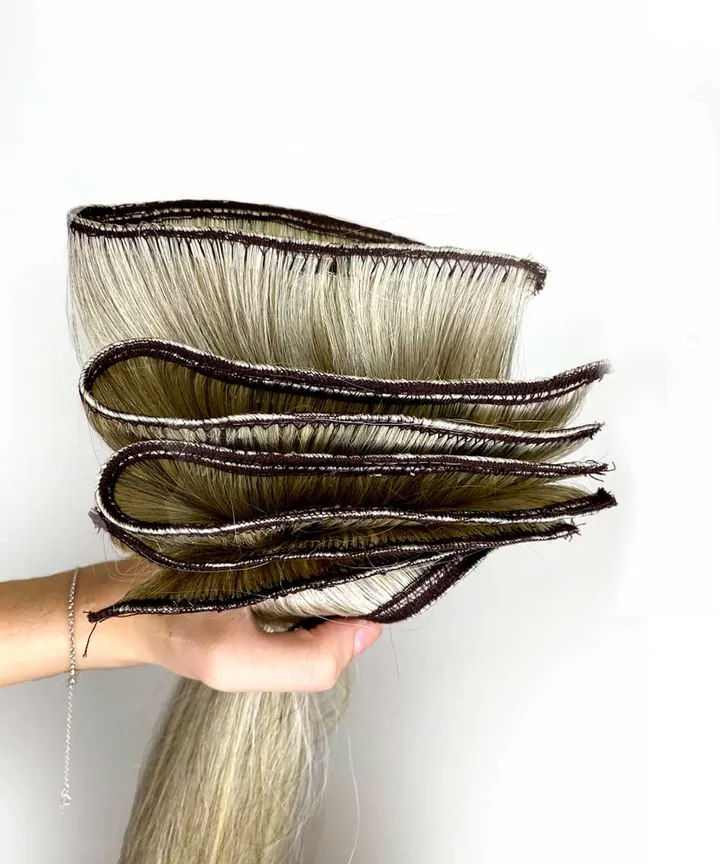 Mega hair em tela de ponto americano, cabelo humano loiro mesclado